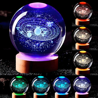Luminária Cristal De Mesa Bola de Cristal Planeta Terra, Lua, Galáxia e Sistema Solar LED Base De Madeira Decoração