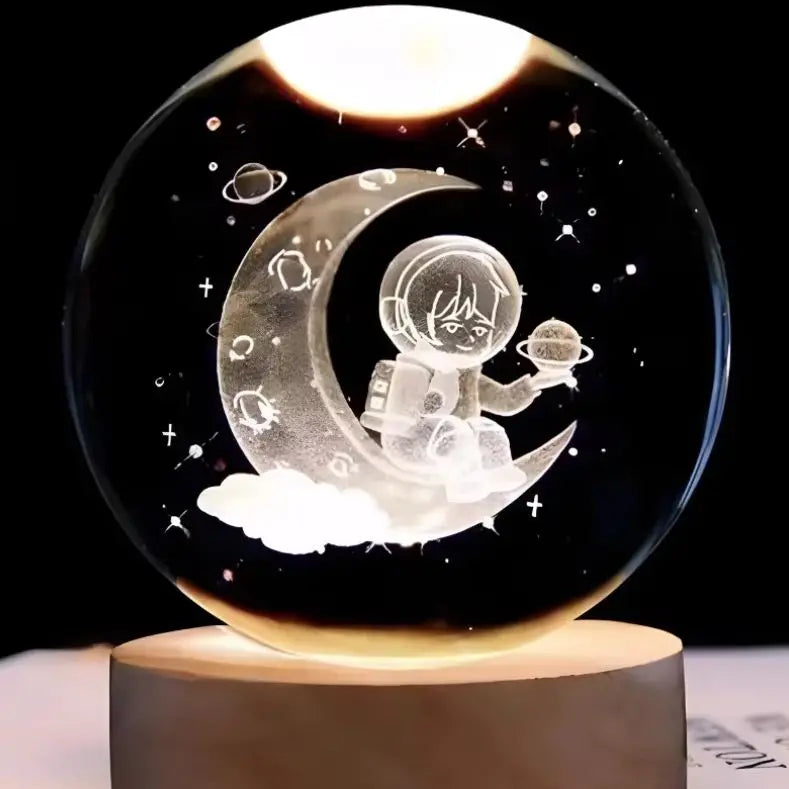 Luminária Cristal De Mesa Bola de Cristal Planeta Terra, Lua, Galáxia e Sistema Solar LED Base De Madeira Decoração