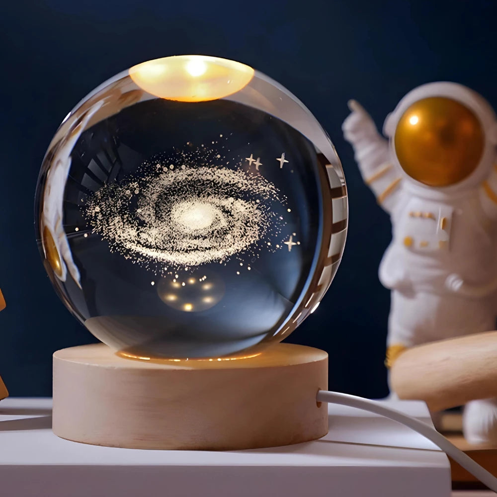 Luminária Cristal De Mesa Bola de Cristal Planeta Terra, Lua, Galáxia e Sistema Solar LED Base De Madeira Decoração